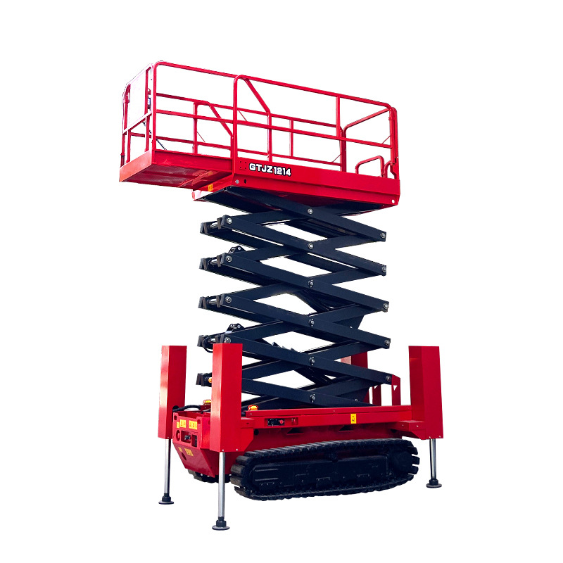 Self-propelled tracked lifting platform with one-button leveling hydraulic outriggers aerial work vehicle 12-meter scissor lift